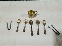 5 spoons, tongs and baby cup all marked sterling