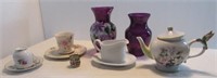 Purple glass vases, cup and saucer, Teleflora