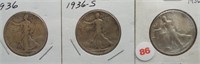 (3) Walking Liberty Silver Half Dollars. Dates: