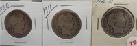(3) Barber Silver Half Dollars. Dates: 1908-D,