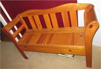 Wood hall way bench with hinged top and storage