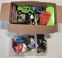 Box of toys including trucks (Grave Digger,