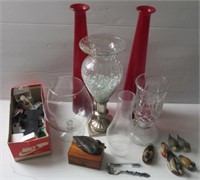 Glass vases including clear and red, ceramic duck
