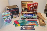 Box of games including Sorry, Dominoes,