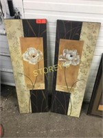 Pair of Flower Plaque Pictures - 12 x 36
