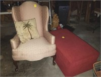 WING BACK CHAIR AND RED OTTOMAN