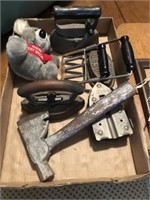 TRAY OF ANTIQUES, IRONS, HATCHET, MISCELLANEOUS