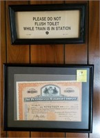 2 FRAMED PICTURES, BR STOCK AND TOILET SIGN