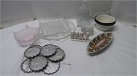 Misc Lot-2 Small Vintage Enamel Bowls, Glass Trays