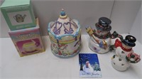 Misc Lot-Cookie Jar, 2 Ceramic Snowmen & More