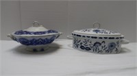 2 Blue Flow Serving Dishes(one has cracked lid)