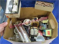 box with old hair clipper & barber shop items
