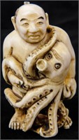 Whimsical Netsuke Ivory Carving of Man /  Octopus