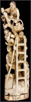 Antique Carved Signed Ivory Men Picking Fruit