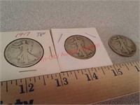 3 walking liberty half dollars - 1917, 1918, 1927s