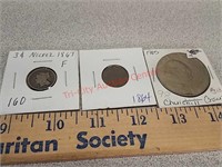 1867 3 cent nickel, 1864 one cent, 1965 Churchill