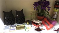Shelf lot with 2 iron owl candle holders, hand