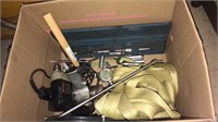 Box lot of tools including a large tie down strap,