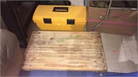 Flat furniture dolly, yellow plastic toolbox with