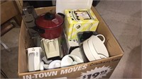 Box lot of kitchen items including a mixer, some