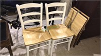Pair of white kitchen chairs with wood seats,
