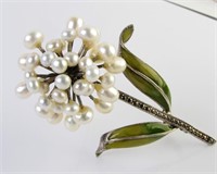Pearl, Enamel Flower Brooch
