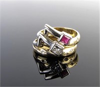 Two Piece, Two Tone, Diamond, Ruby Stack Ring