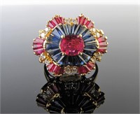 Stunning 18K Ruby, Sapphire and Diamond Ring