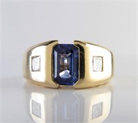 14K Yellow Gold Gent's Sapphire, Diamond Ring