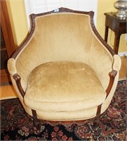 FRENCH STYLE BARREL BACK ARM CHAIR MAHOGANY FRAME