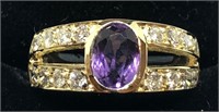 H109 14KT YELLOW GOLD AMETHYST AND DIAMOND RING