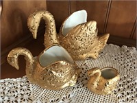 SET OF 3 WEEPING-BRIGHT 22K GOLD PAINTED SWANS