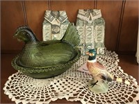 7" COVERED GREEN GLASS CHICKEN - PHEASANT FIGURE