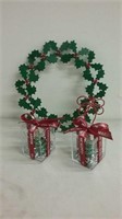 Holly wreath and 2 nice packaged ornaments