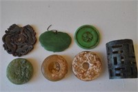 6 Antique Asian Pendants, 1 Carved Stone