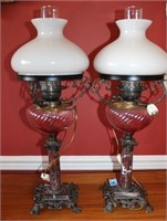 CRANBERRY GLASS LAMPS WITH MARBLE BASE AND MILK