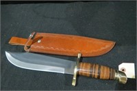 LARGE MARBLES BOWIE KNIFE W/ LEATHER STACK HANDLE