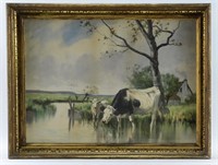 DeLue Watercolor of Cows drinking at the river