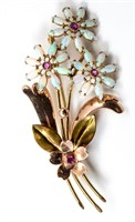 14K Opal & Ruby Floral brooch