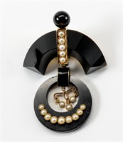 14K Victorian Onyx and Seed Pearl Brooch