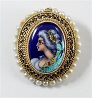 French 14K Enamel Potrait Brooch