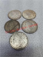 Five 1921 Morgan silver dollars coins currency