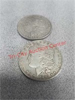 Two 1891 Morgan silver dollars coins currency