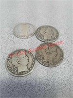 Four 1909 silver Barber half dollar coins