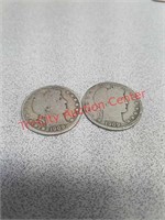Two 1909 silver Barber half dollar coins currency