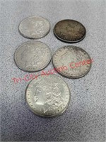Five 1921 Morgan silver dollar coins currency