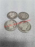Four 1909 silver Barber half dollar coins