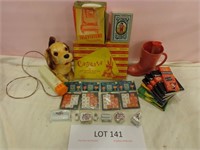 Flat of Vintage Toys, Crayons, Canasta