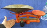 old iron counter scales & brass tray (red-orange)
