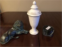 3 Unmatched decorator items, white urn, bronze